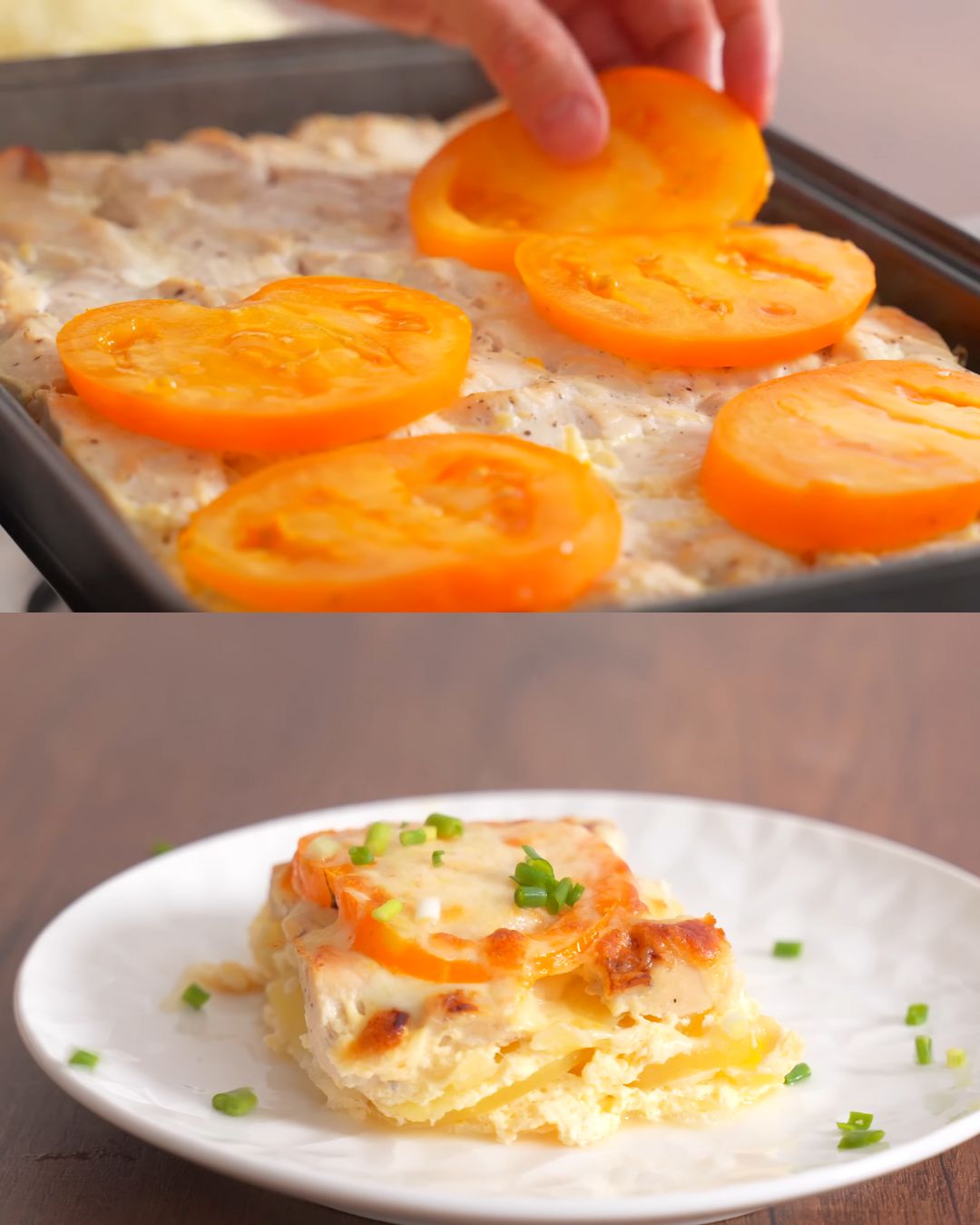 Creamy Chicken and Potato Casserole with Tomatoes and Cheese