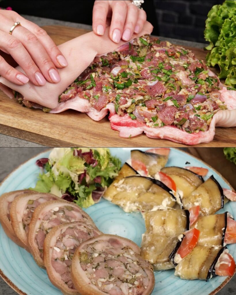 Roasted Pork Knuckle with Herb-Almond Crust and Eggplant Salad