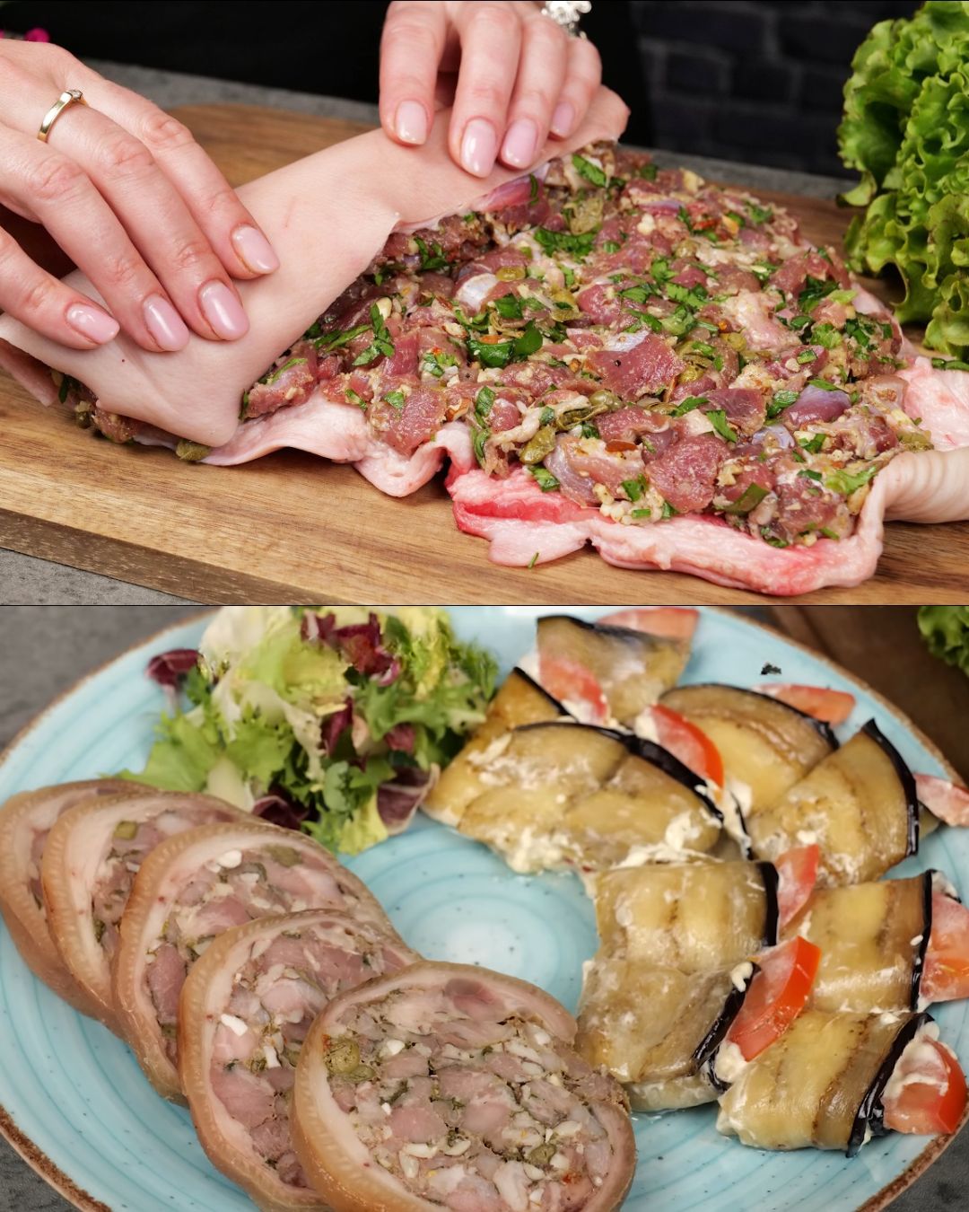 Roasted Pork Knuckle with Herb-Almond Crust and Eggplant Salad