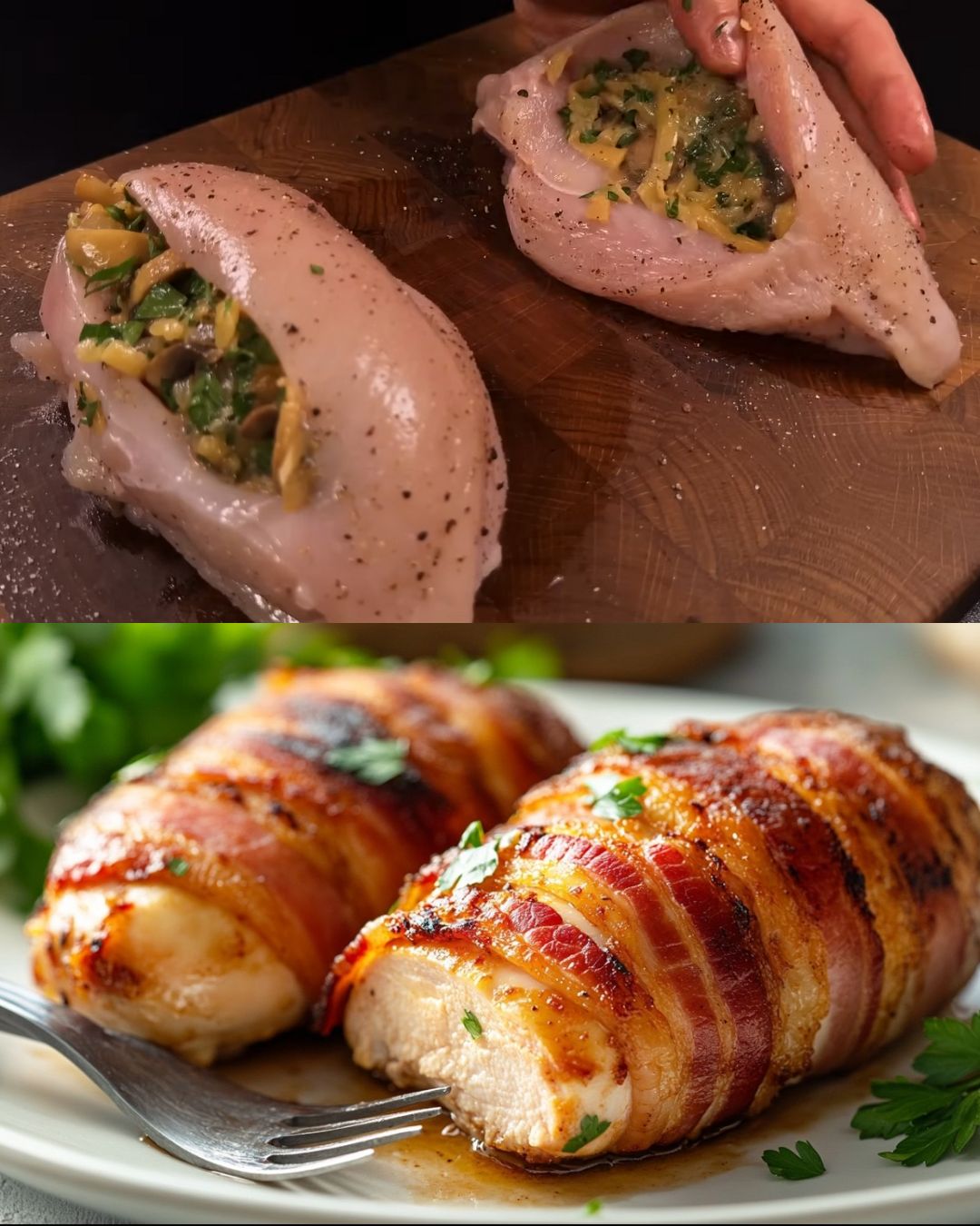 Stuffed Chicken Fillets with Mushroom, Cheese, and Bacon with a Side of Garlic Mashed Potatoes