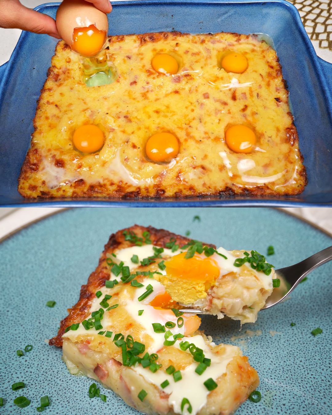 Ham and Potato Casserole with Eggs and Emmentaler Cheese
