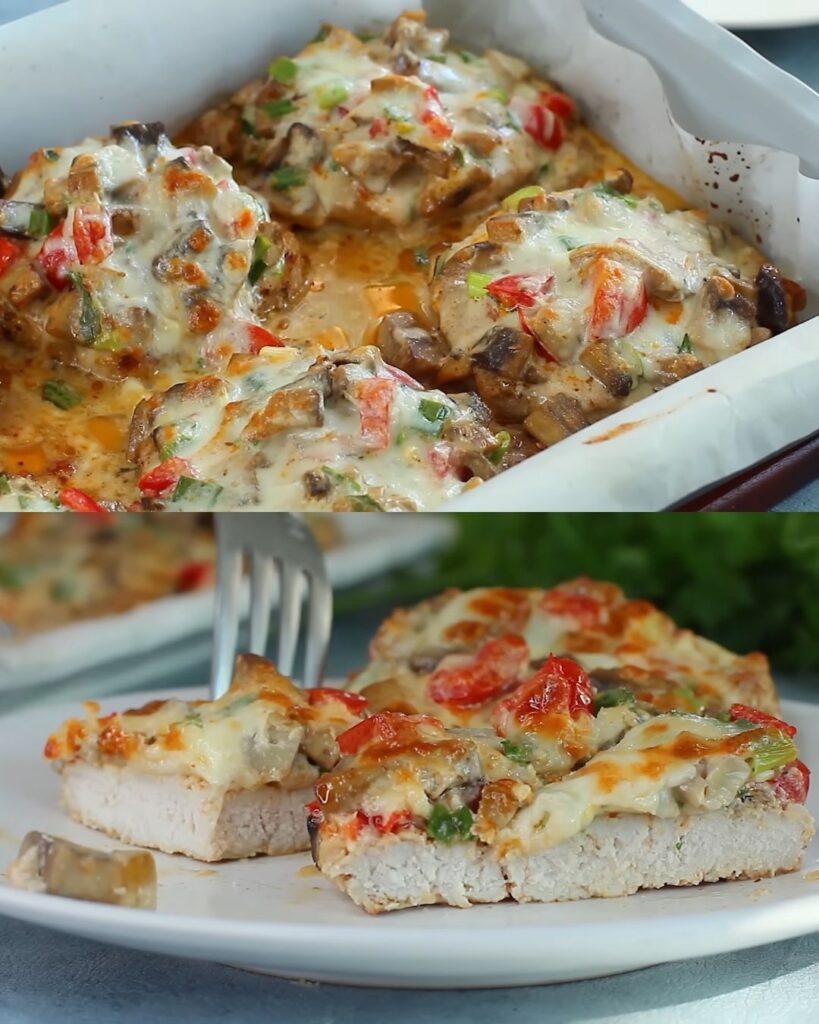 Creamy Baked Pork Loin with Mushrooms, Tomatoes, and Mozzarella finished dish