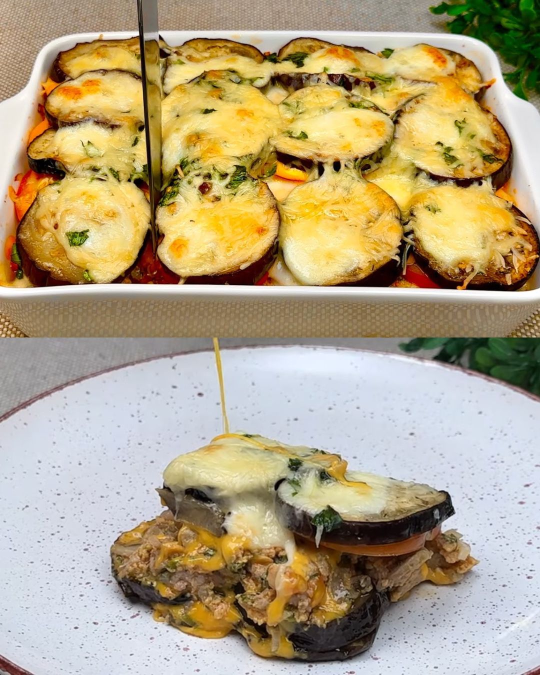 Baked Stuffed Eggplant with Meat, Mushrooms, and Cheese