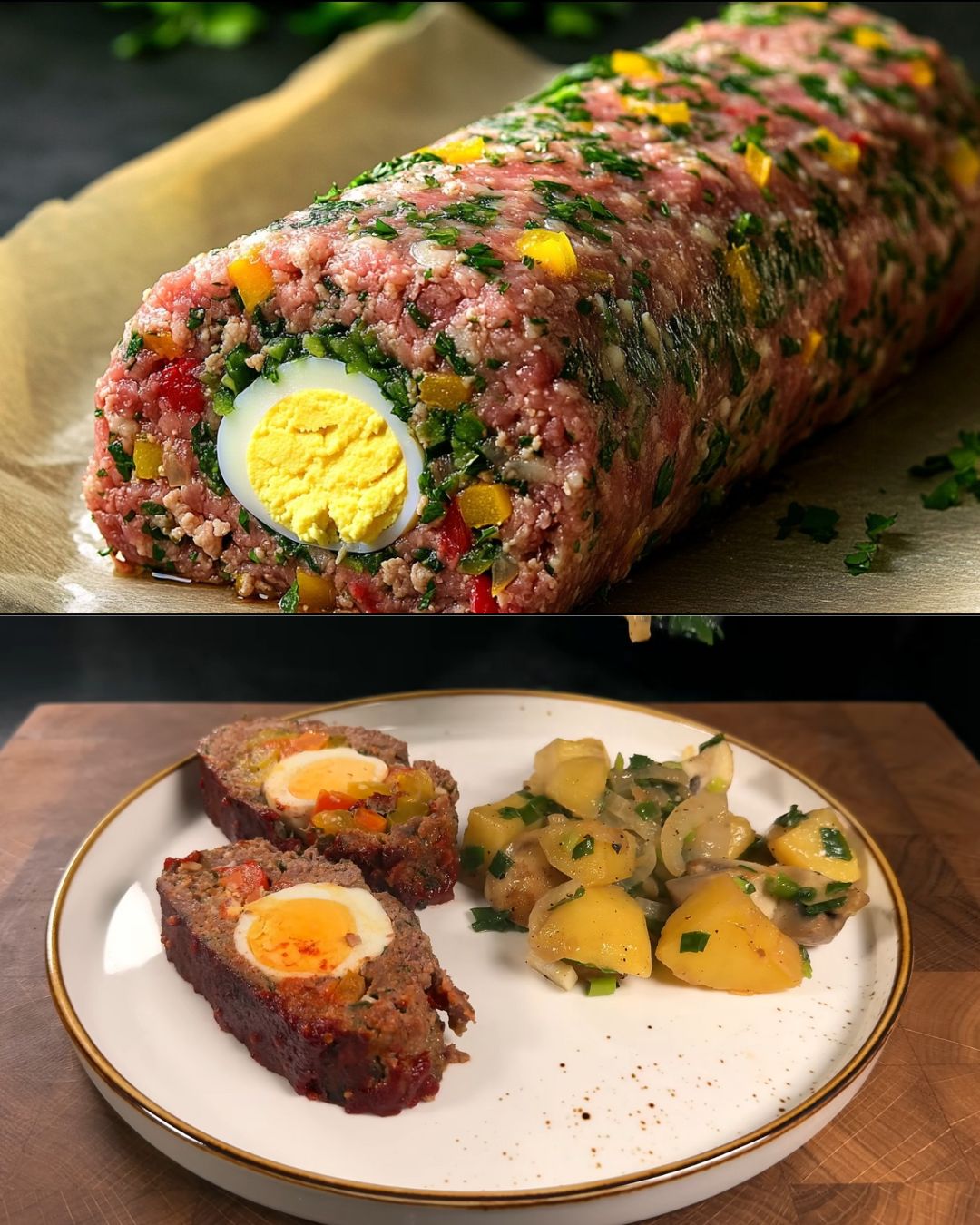Stuffed Meatloaf with Hard-Boiled Eggs and Vegetable Sauce