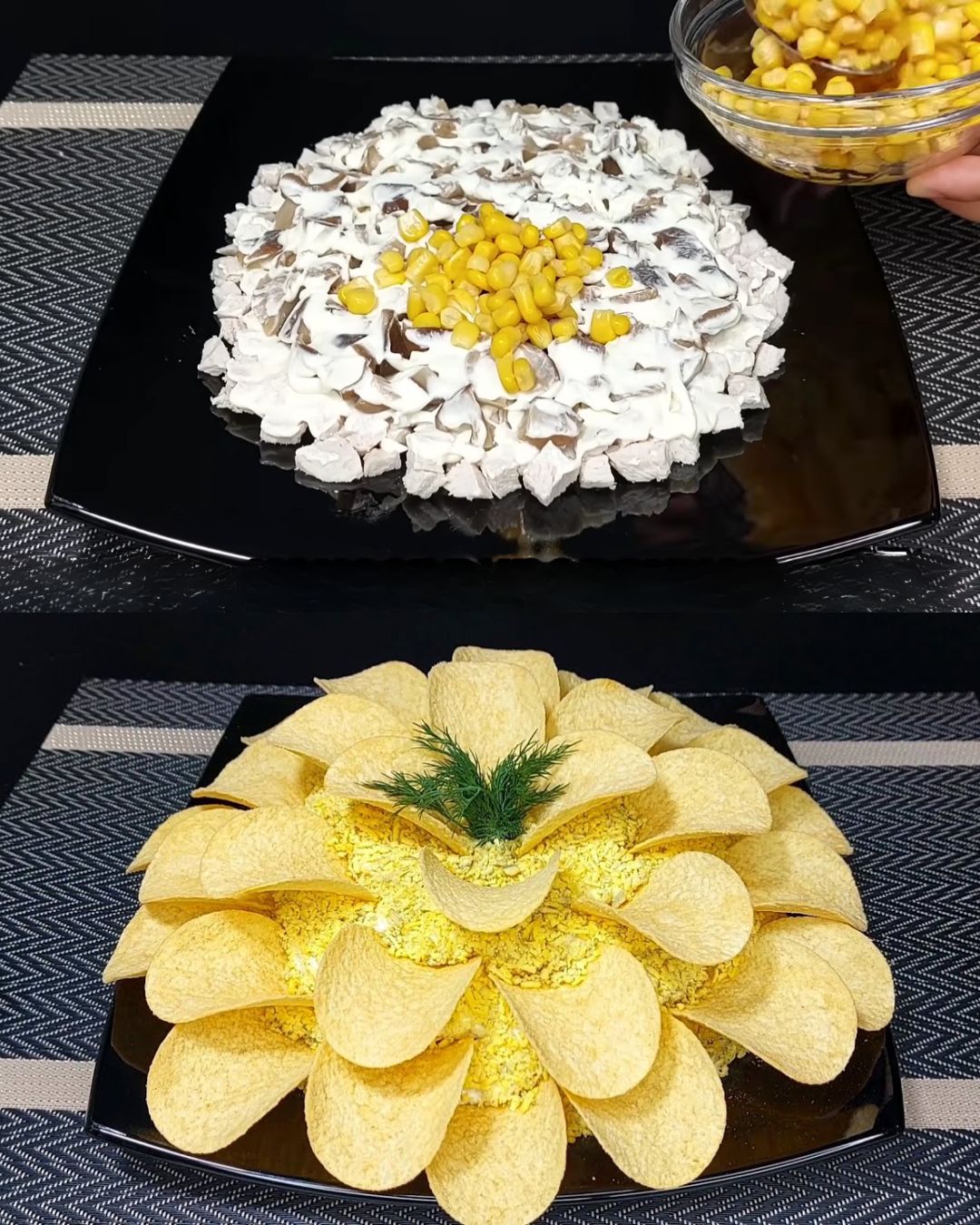 Chicken and Mushroom Salad with Corn, Eggs, and Crispy Chips
