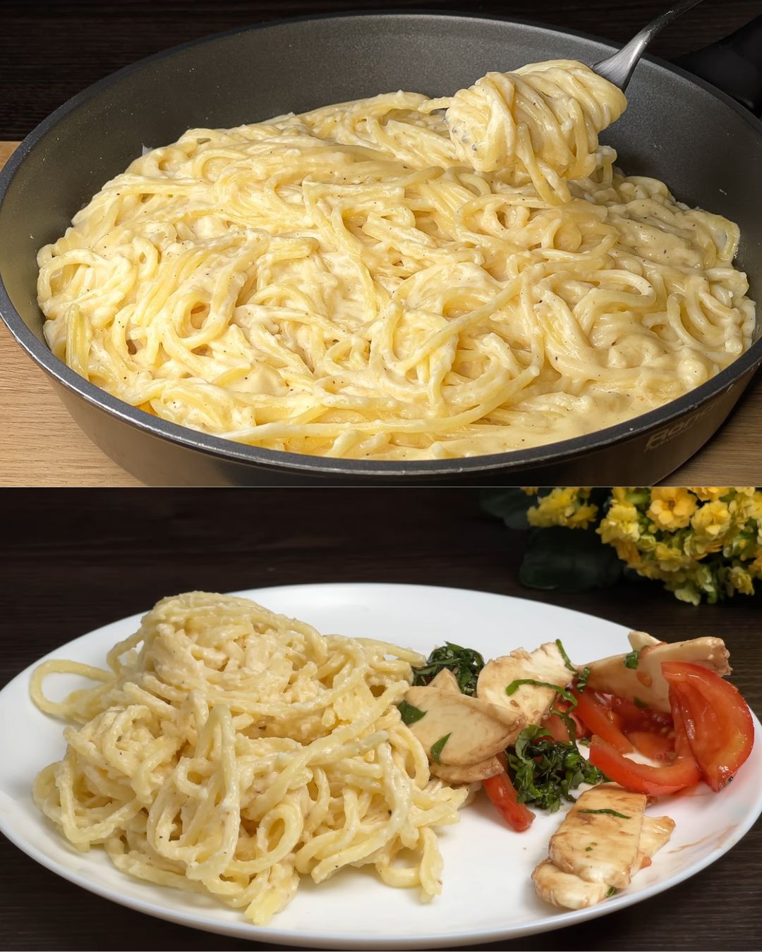 Creamy Garlic Parmesan Spaghetti with Caprese Salad