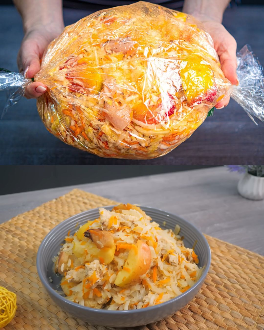 Cabbage with Apples and Chicken in a Baking Sleeve