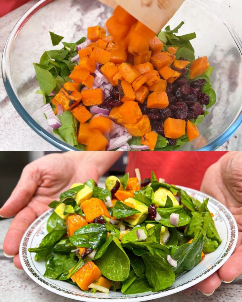 Roasted Sweet Potato and Spinach Salad with Avocado and Cranberries