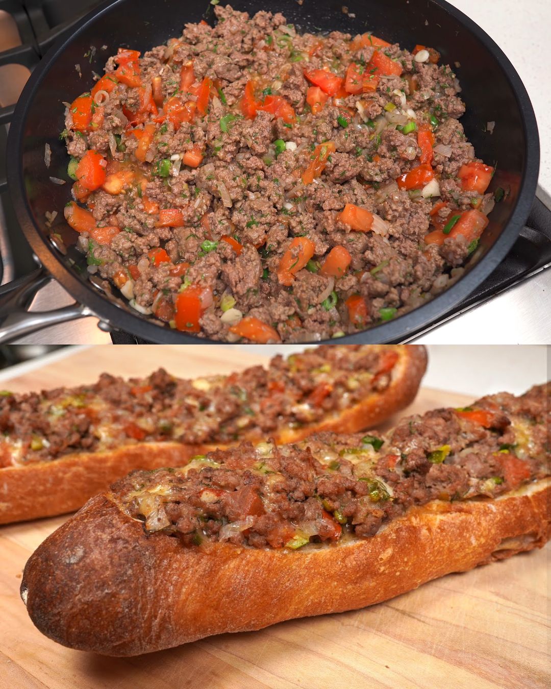 Cheesy Baguette Boats with Minced Meat, Havarti, and Herbs