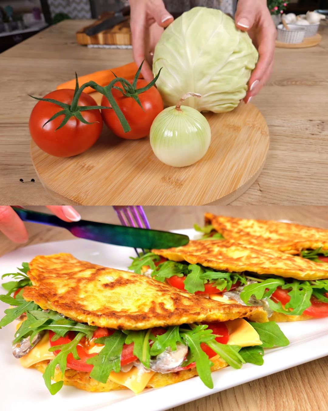 Cabbage and Mushroom Pancakes with Cream Cheese Filling