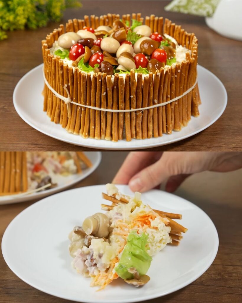 Layered Ham and Mushroom Salad with Cheese and Apple