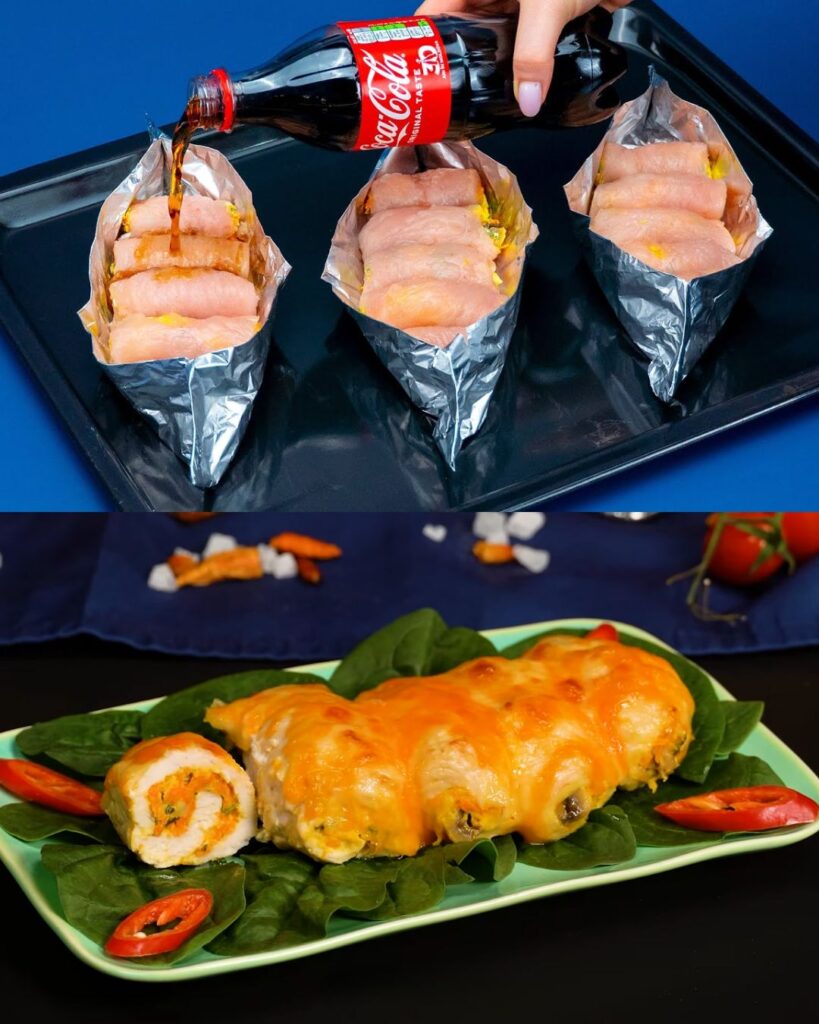 Coca-Cola Chicken with Cheesy Stuffed Mushrooms and Spicy Pepper finished dish