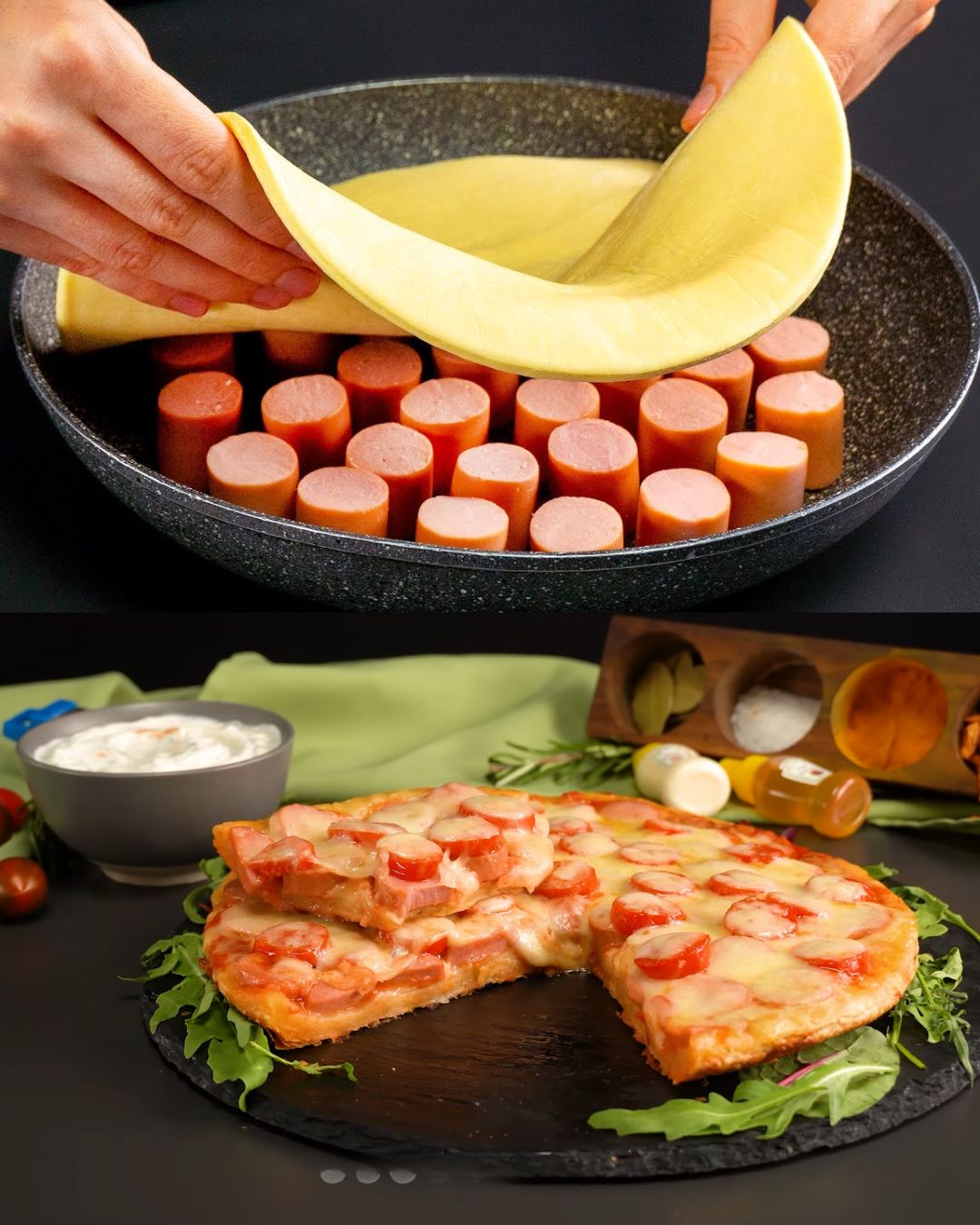 Puff Pastry Pizza with Sausages and Yogurt Dill Sauce
