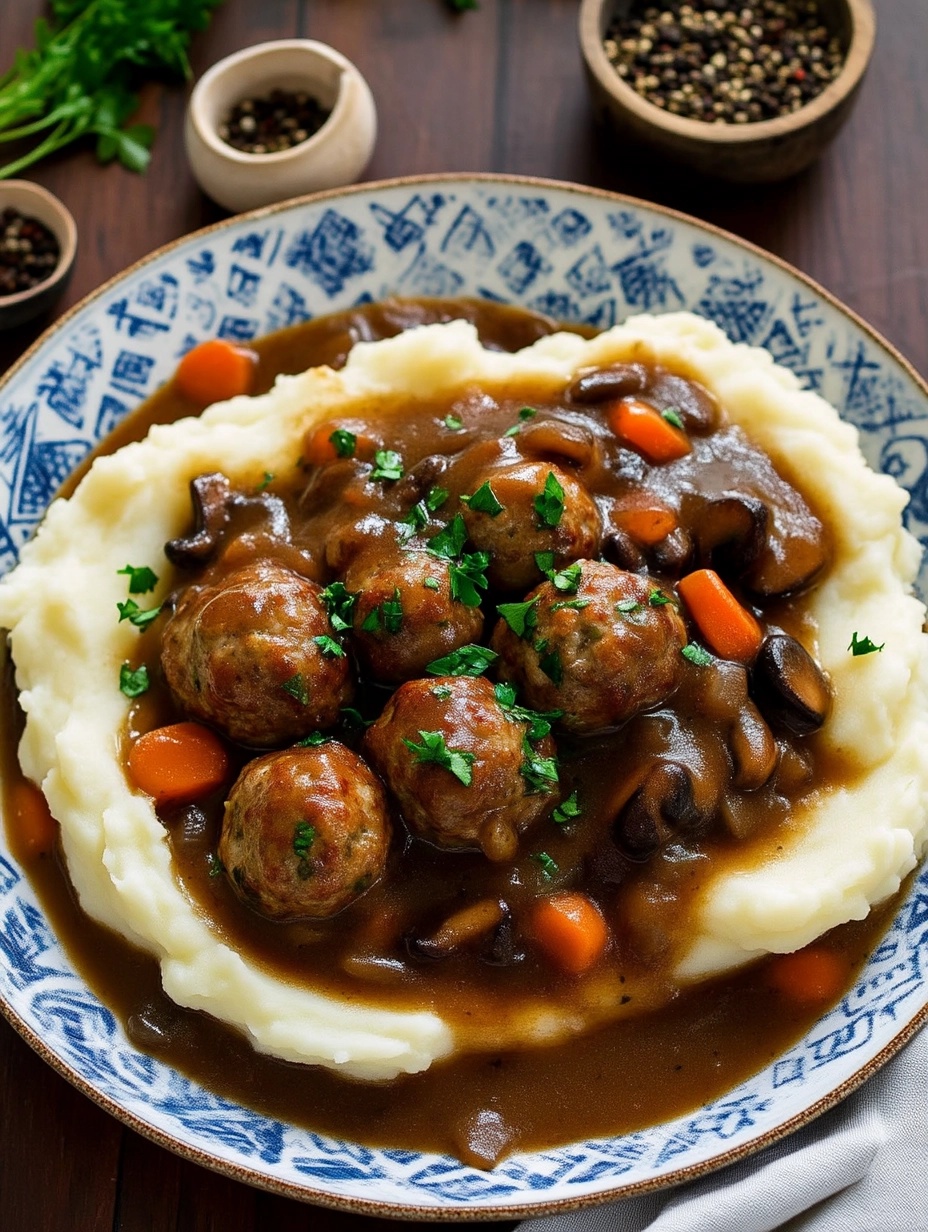 Hearty Meatballs with Mushroom Gravy and Creamy Mashed Potatoes