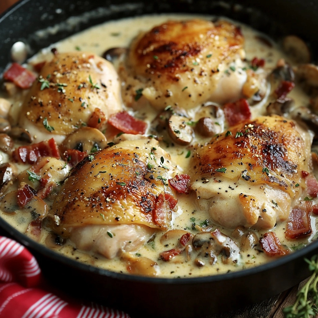 Creamy Garlic Mushroom Chicken Thighs with Bacon: A Flavor-Packed One-Skillet Meal