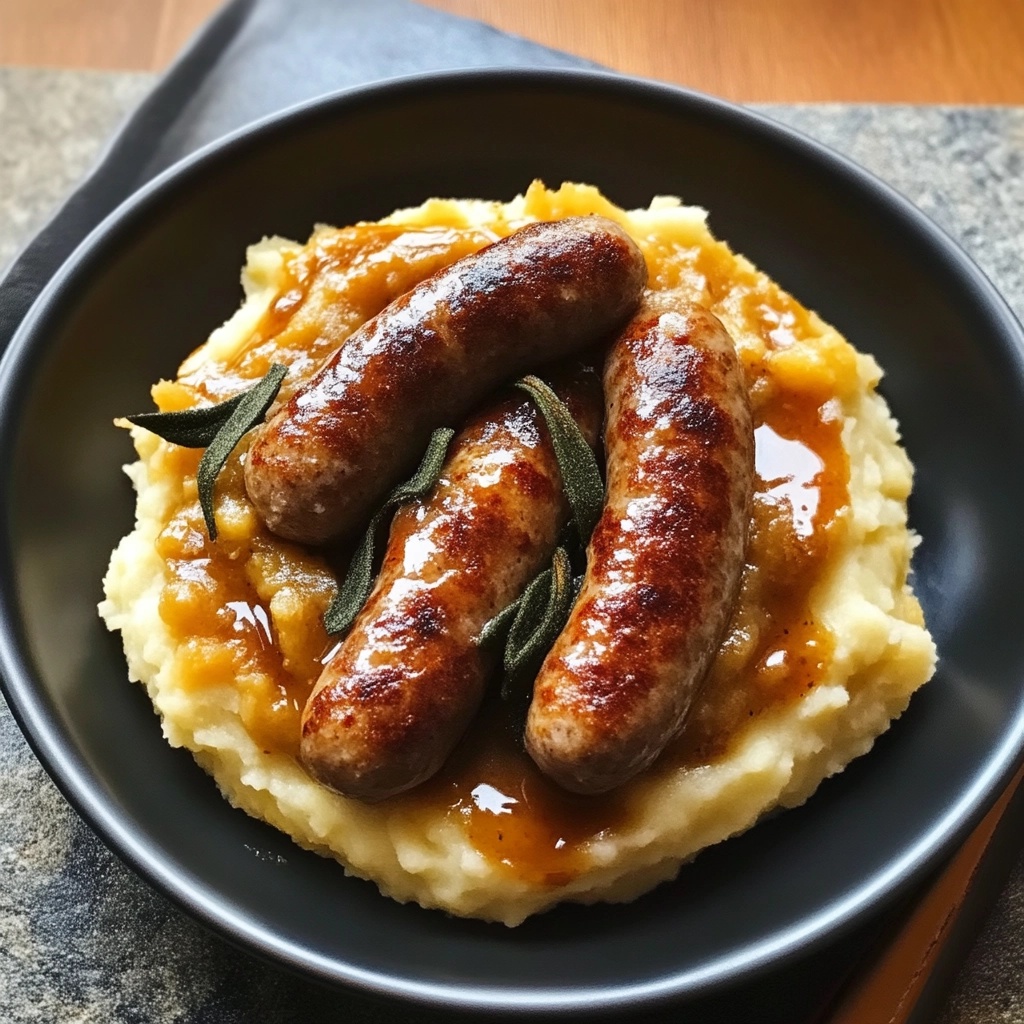 Chicken Sausages with Mashed Potatoes, Onion Gravy, and Fried Sage: A Comfort Food Classic