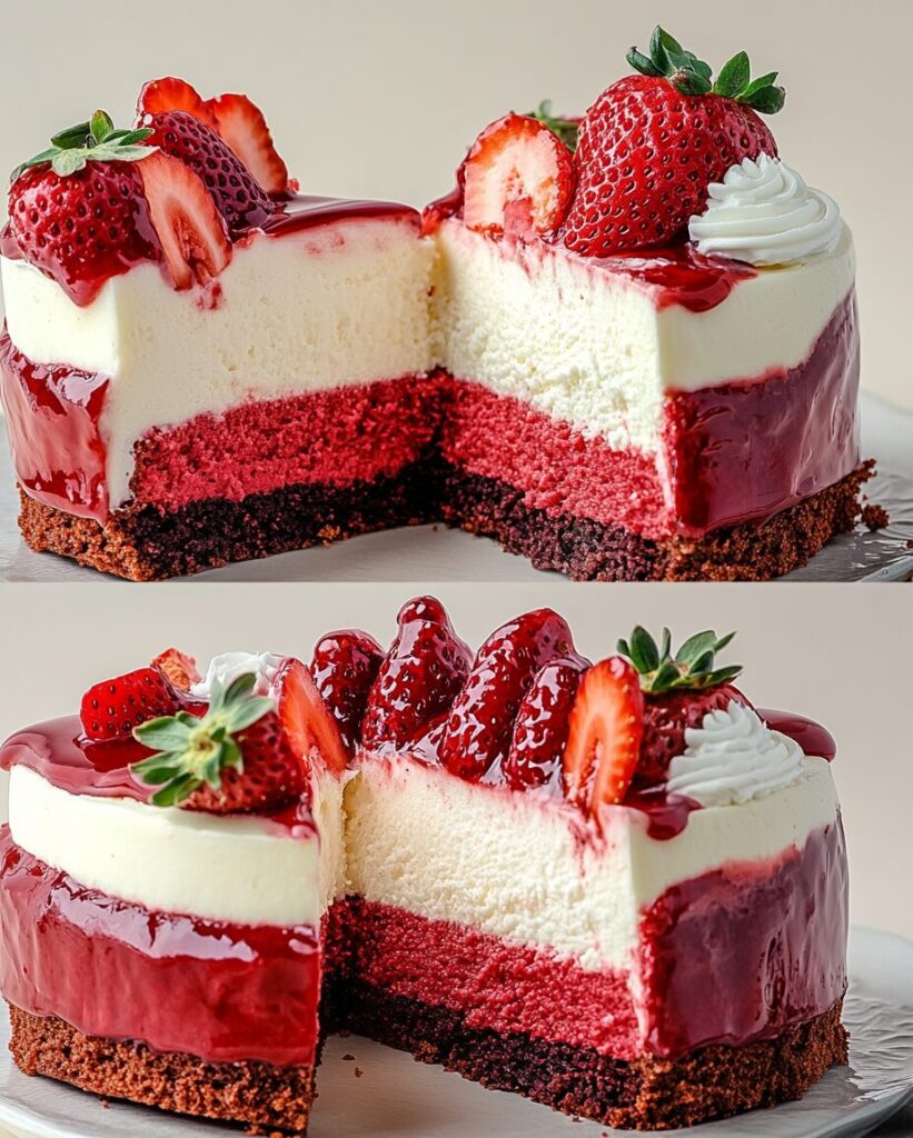 Decadent Red Velvet Strawberry Cheesecake finished dish