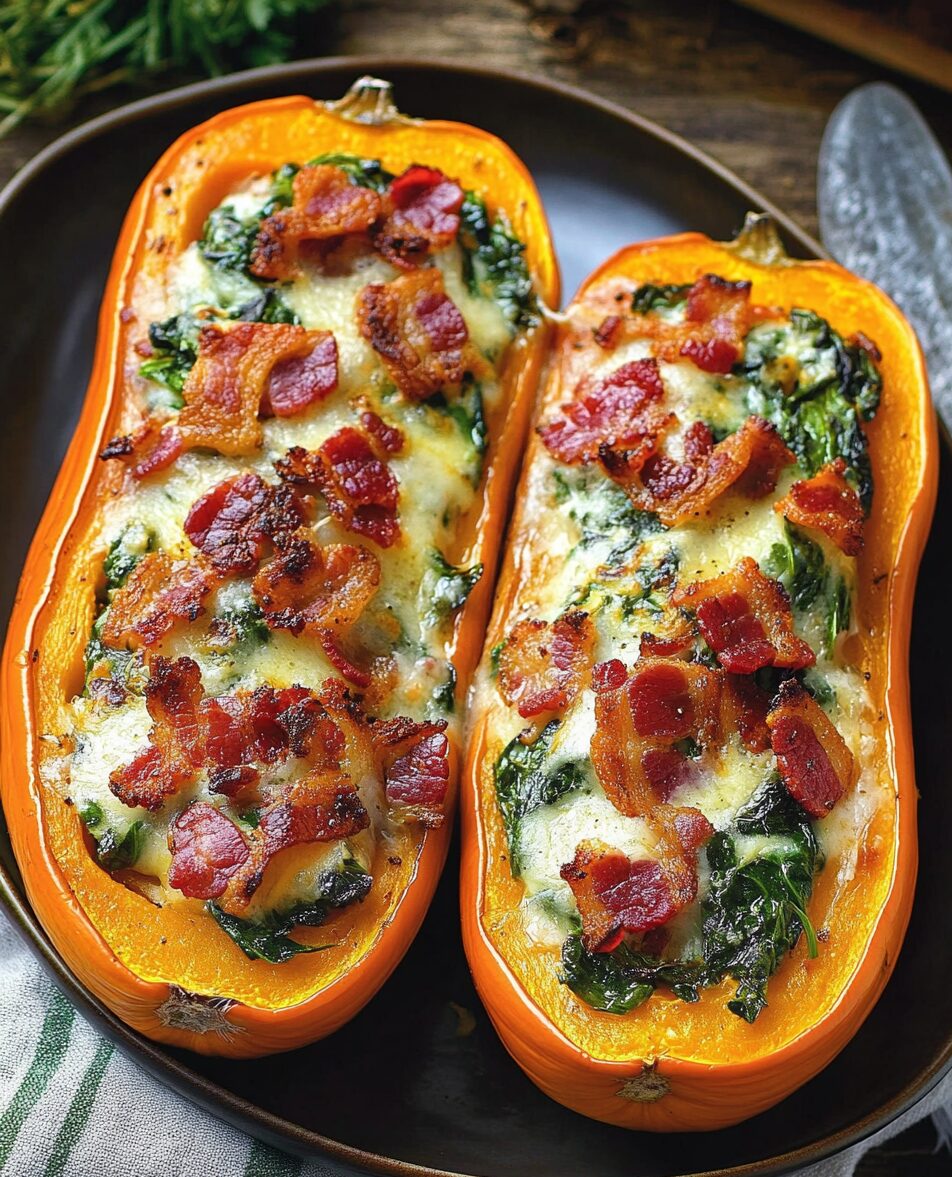 Savory Stuffed Butternut Squash with Spinach, Bacon, and Cheese