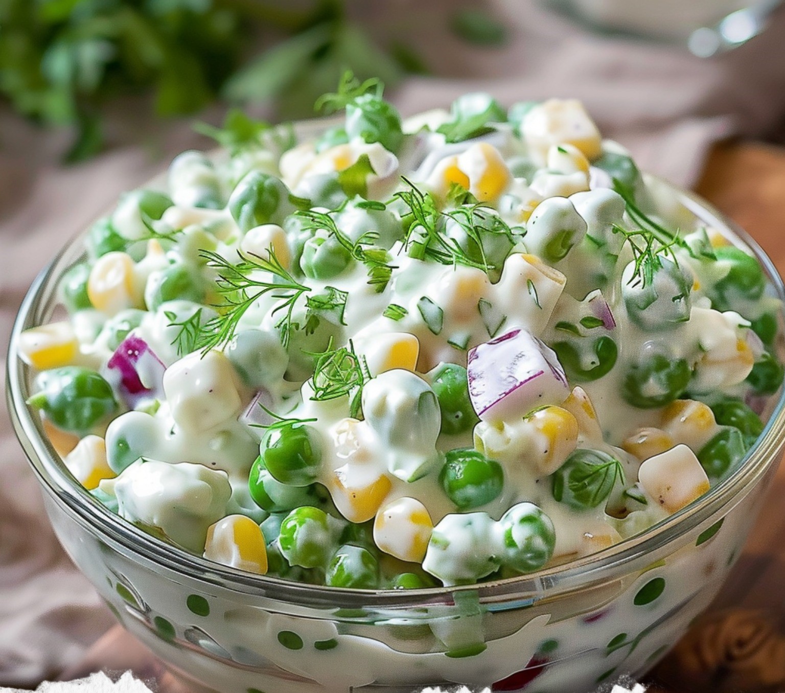 Creamy Bacon Cheddar Pea Salad