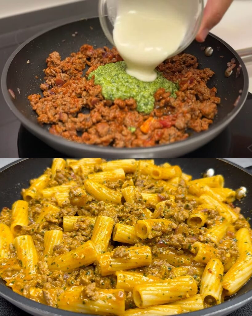 Basil Pesto Pasta with Creamy Beef Sauce finished dish