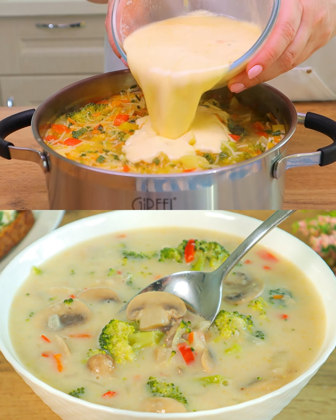 Creamy Broccoli Soup with Garlic Herb Bread