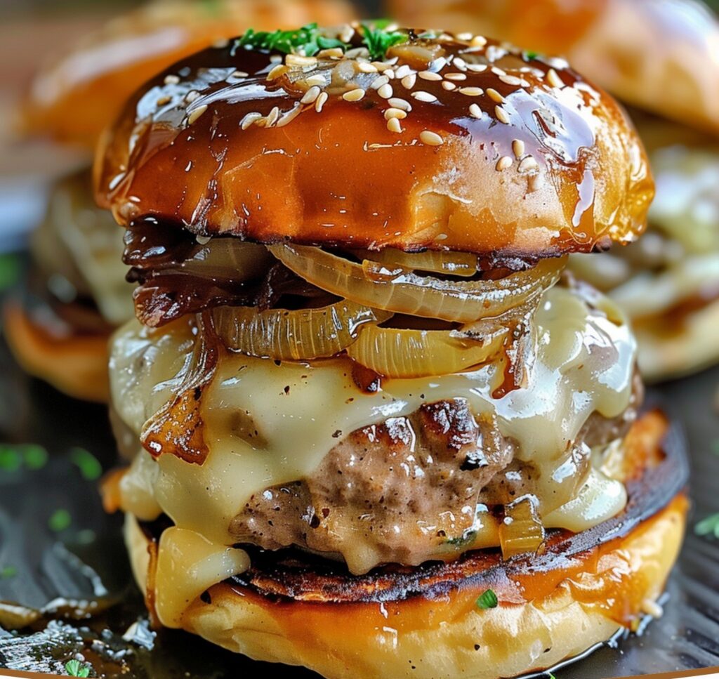 Classic Swiss Cheese Burgers with Caramelized Onions