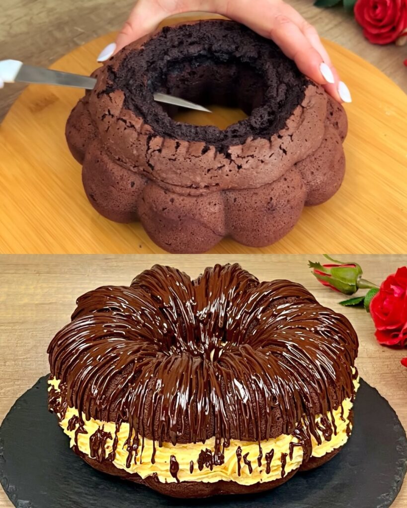 Decadent Chocolate Layered Cake with Vanilla Cream and Ganache
