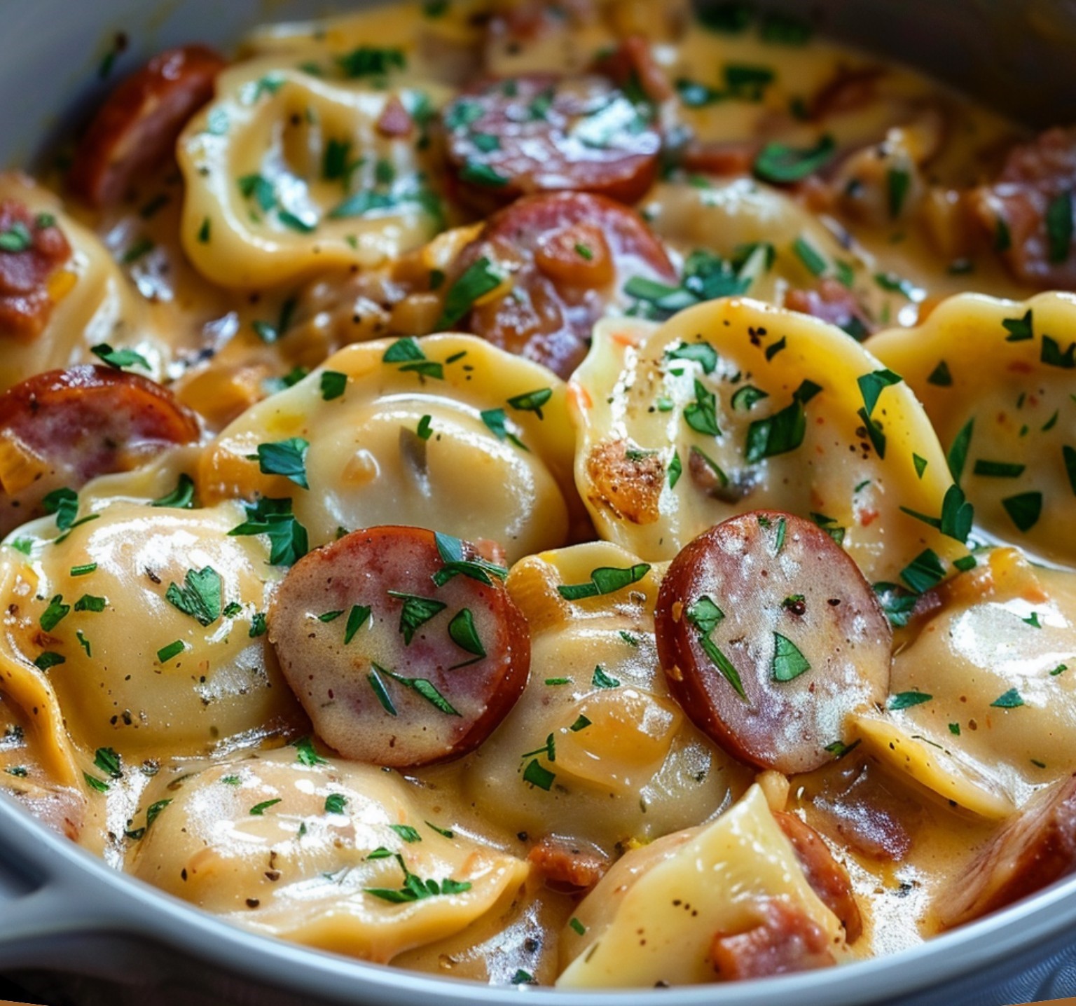 Cheesy Kielbasa and Pierogi Skillet