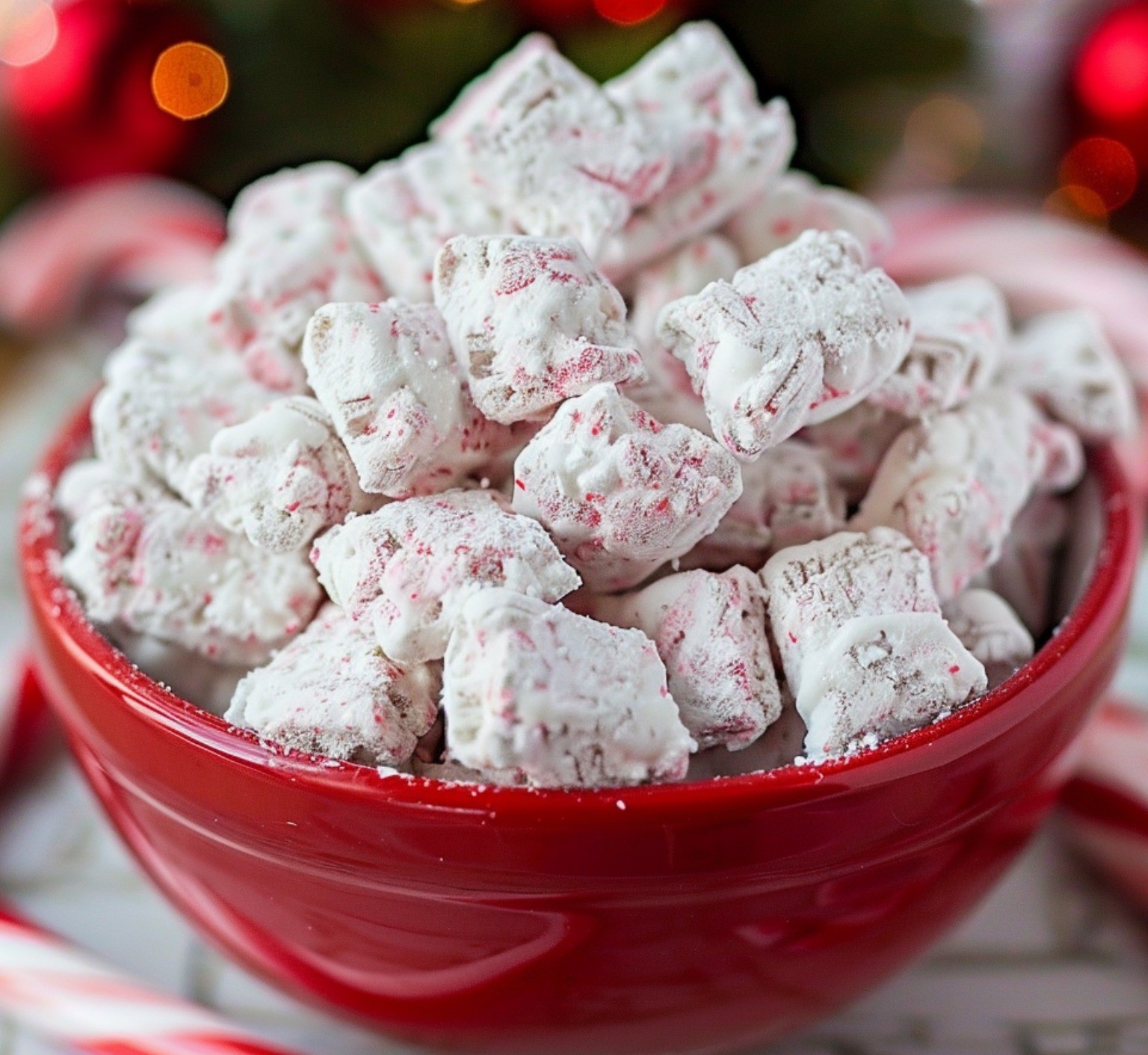 Peppermint Puppy Chow (Candy Cane Muddy Buddies)