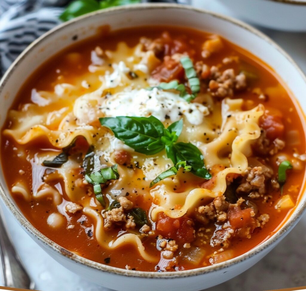 One-Pot Lasagna Soup with Cheesy Topping