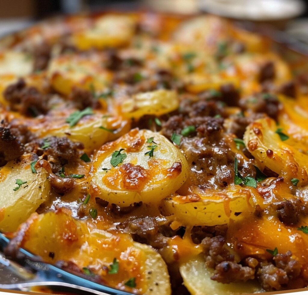 Cheesy Ground Beef and Potato Casserole finished dish