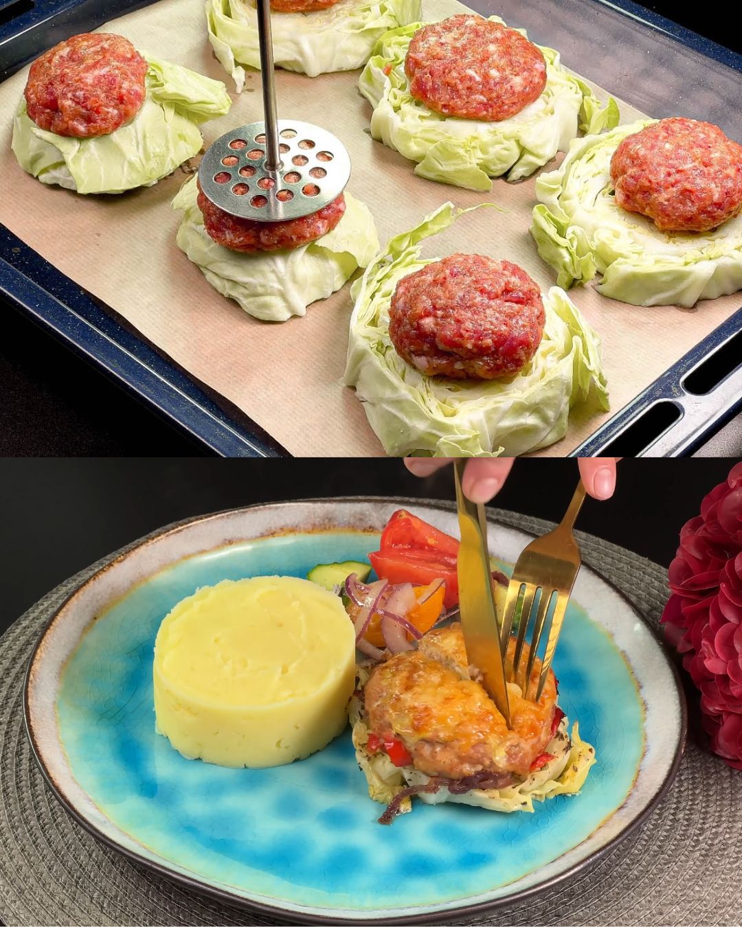 Classic Stuffed Cabbage Rolls with Roasted Vegetables, Herb-Cheese Sauce, and Fresh Salad