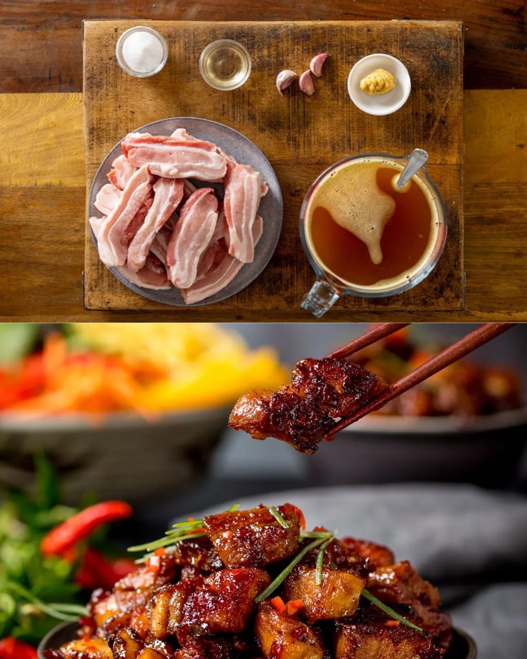 Honey Soy Glazed Slow-Cooked Pork Belly with Rice and Green Vegetables