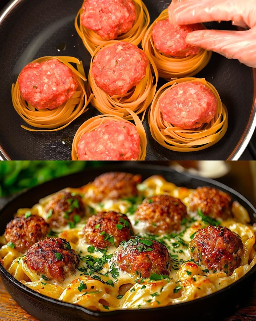 Cheesy Meatball-Stuffed Tagliatelle Nests: A One-Pan Comfort Food Masterpiece