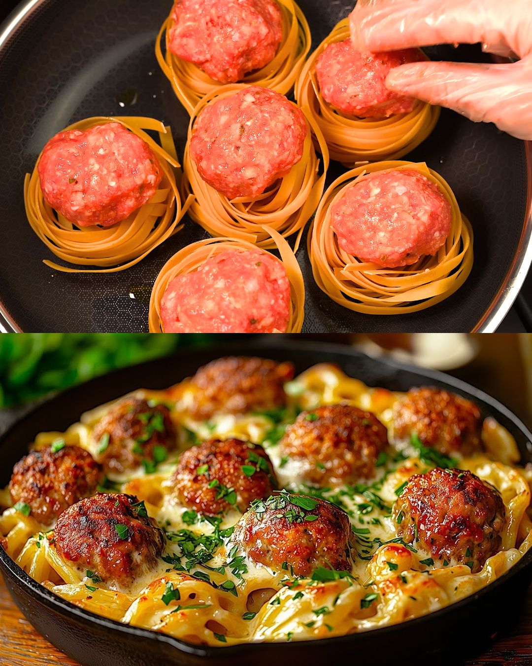 Cheesy Meatball-Stuffed Tagliatelle Nests: A One-Pan Comfort Food Masterpiece