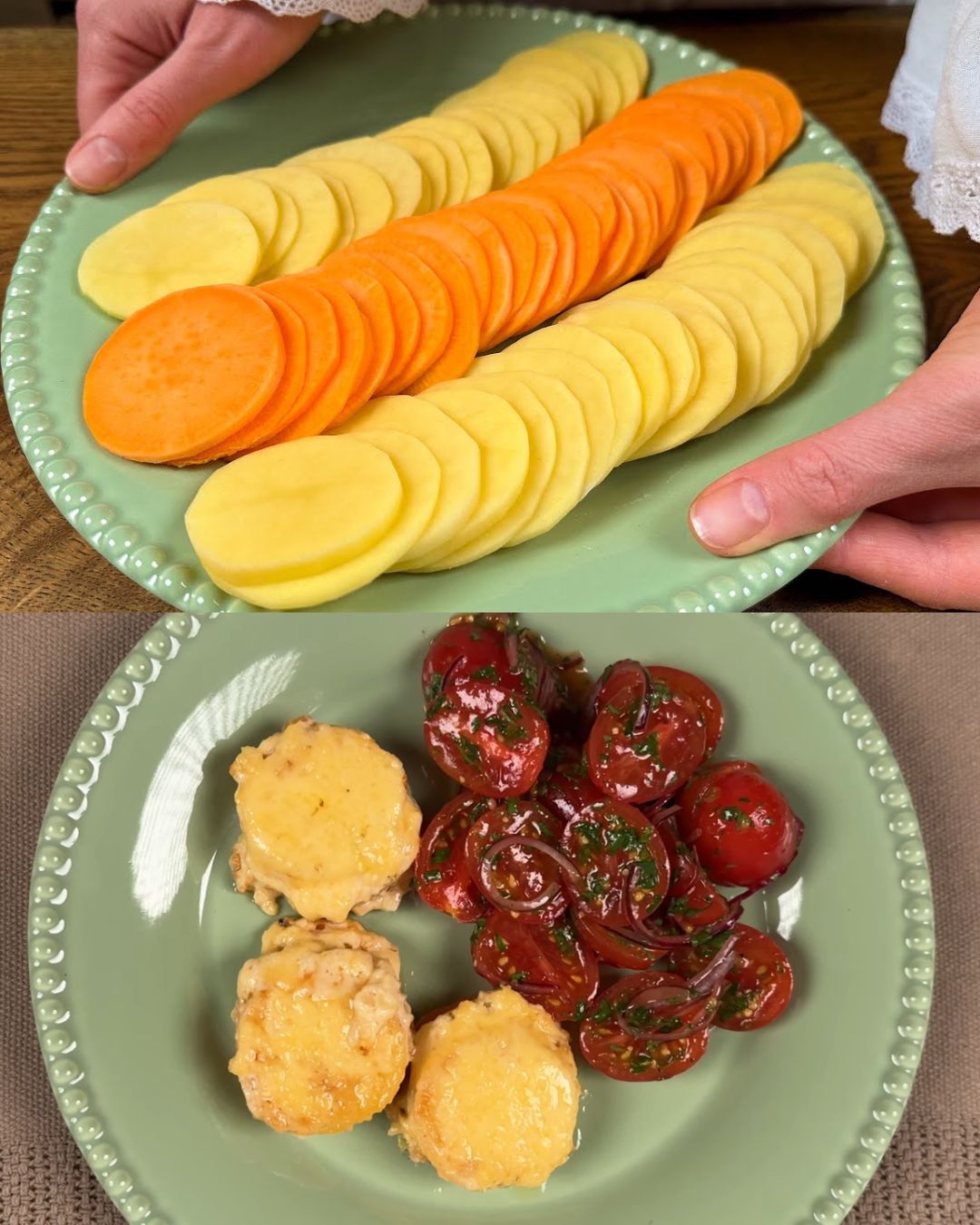 Creamy Garlic Potatoes with Fresh Tomato Salad