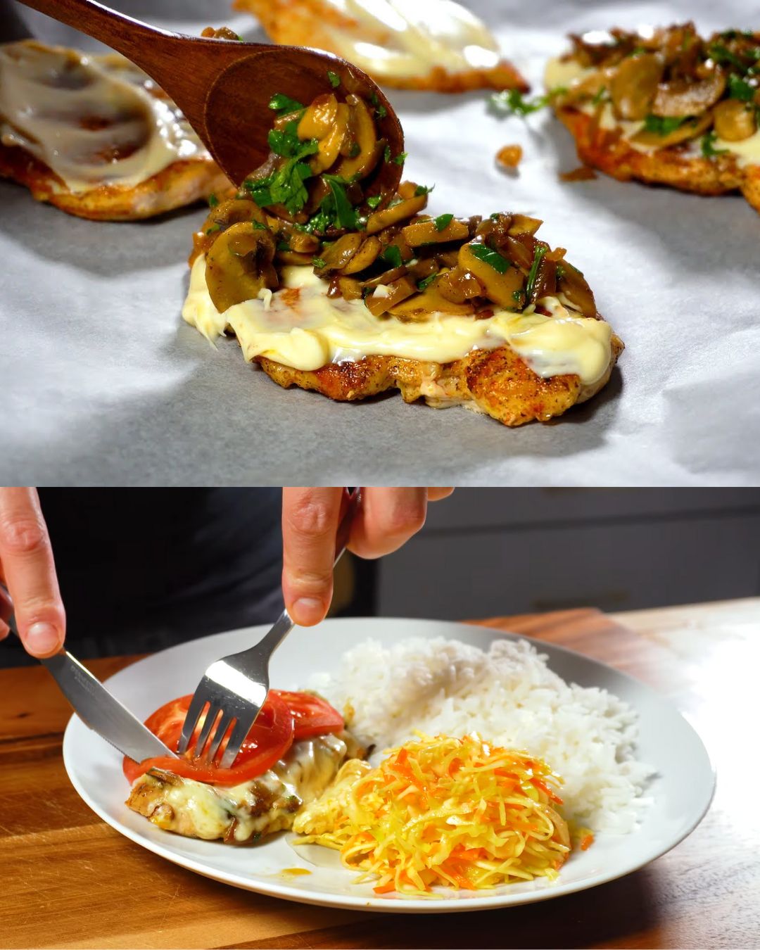 Baked Chicken with Mushrooms, Tomato, and Mozzarella