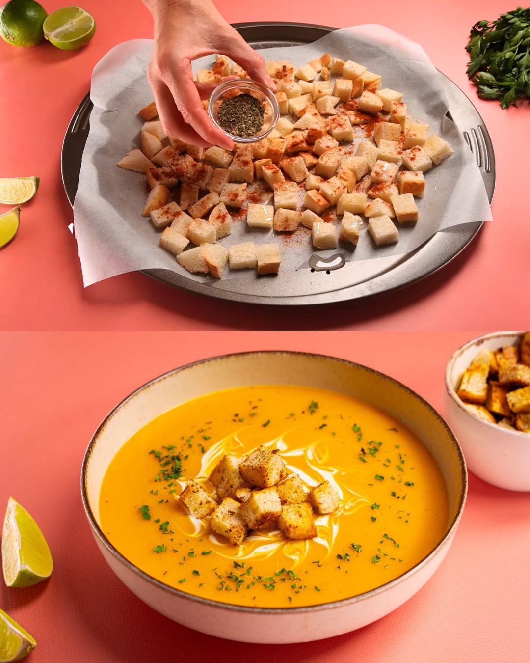 Creamy Pumpkin Soup with Herbed Garlic Croutons