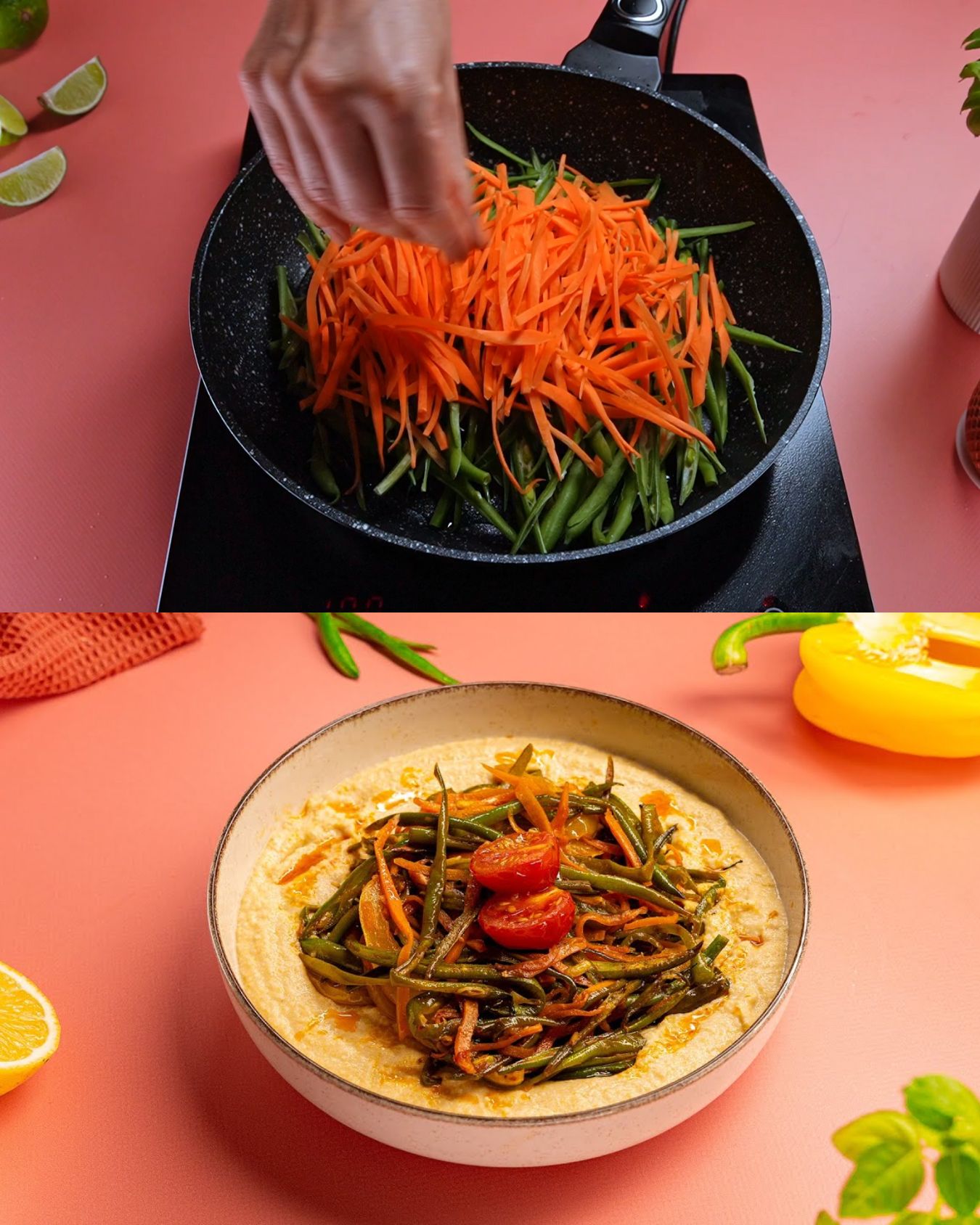 Roasted Onion Hummus with Sautéed Green Beans and Vegetables