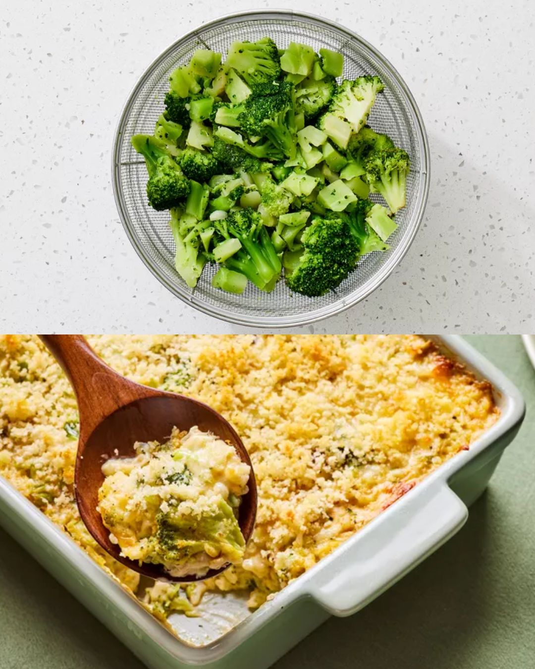 Cheesy Broccoli Rice Casserole with Muenster and Swiss Cheese