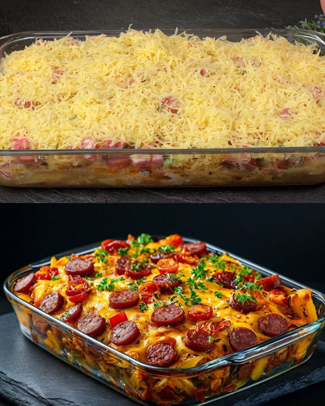 Hearty Potato Bake with Sausage and Spring Onion Salad