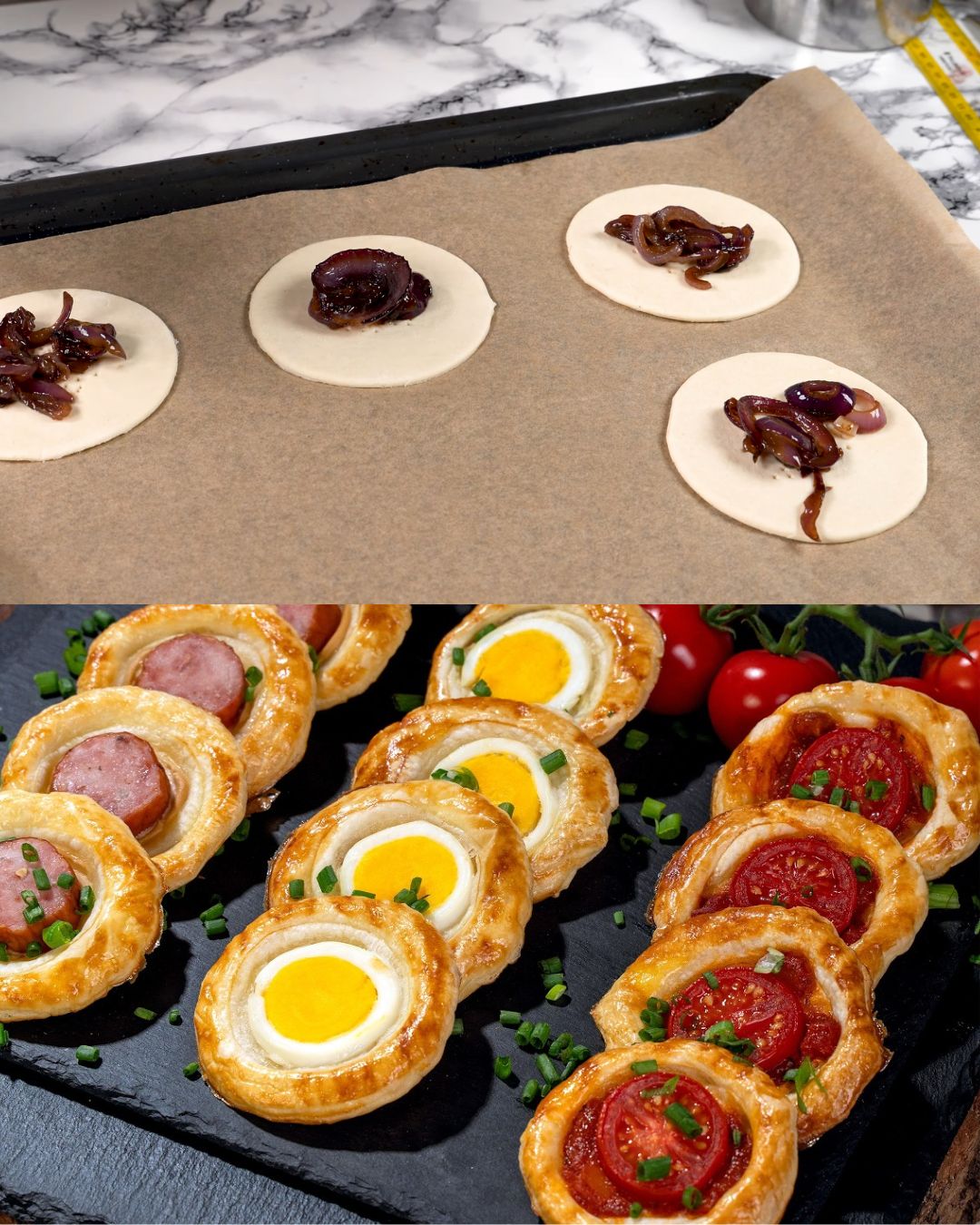 Savory Puff Pastry Snacks with Sausage, Tomato, and Caramelized Onion