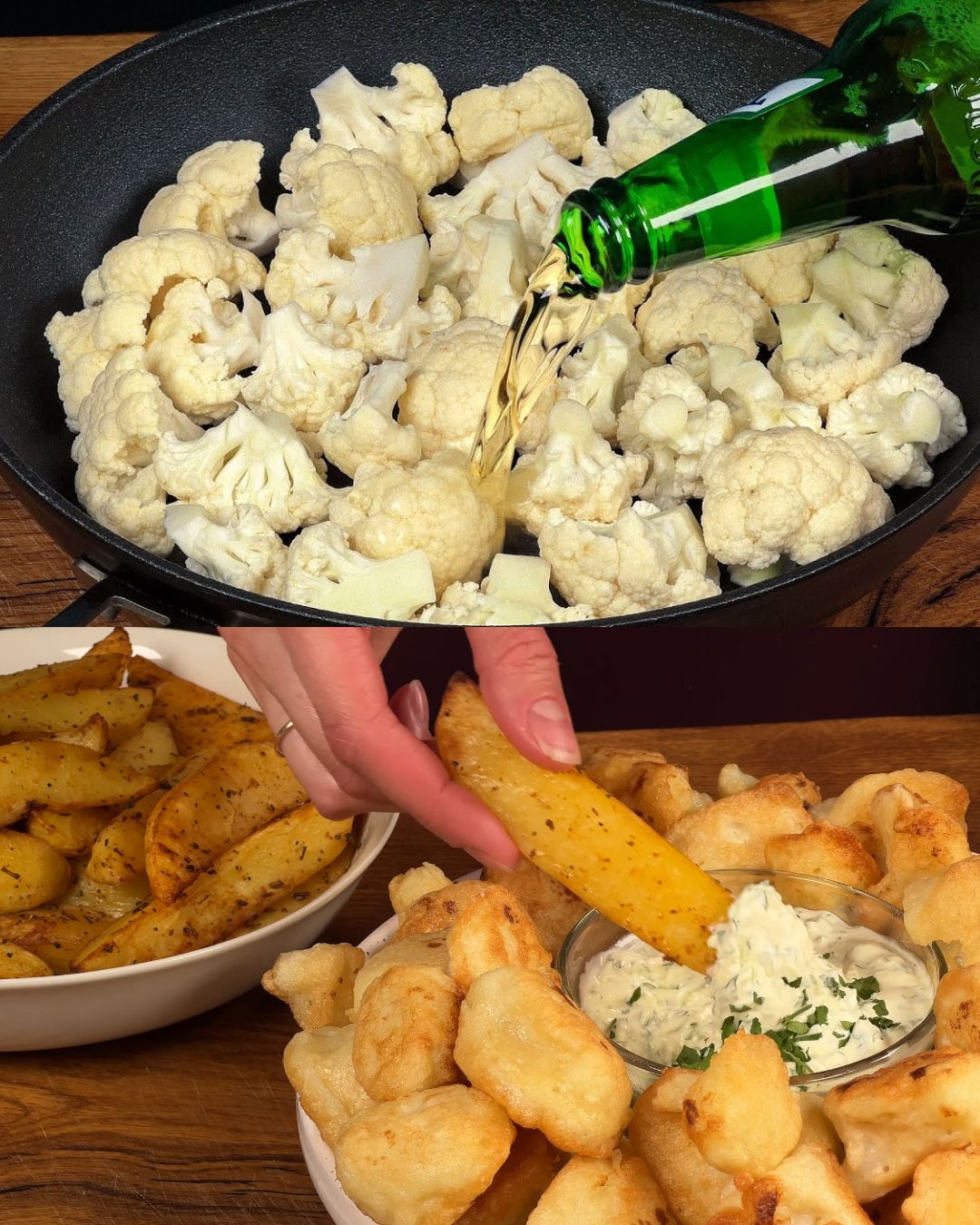 Crispy Beer-Battered Cauliflower and Potatoes with Creamy Garlic Dip