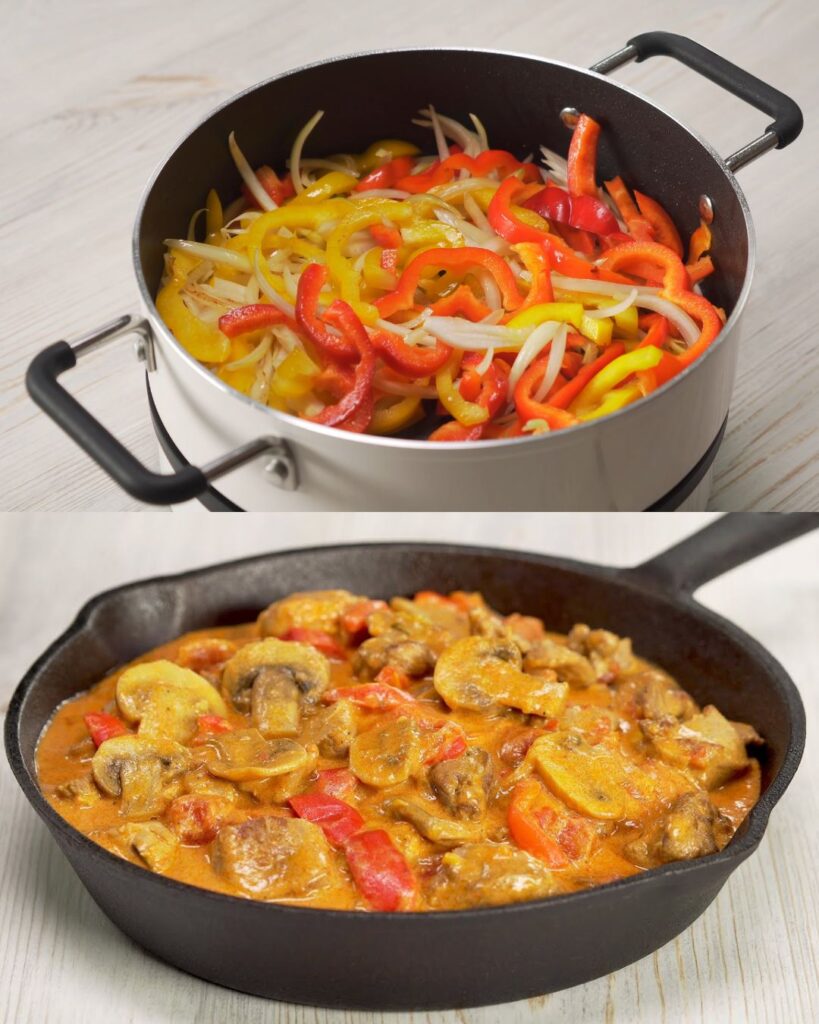 Braised Turkey with Mushrooms and Bell Peppers in a Creamy Tomato Sauce