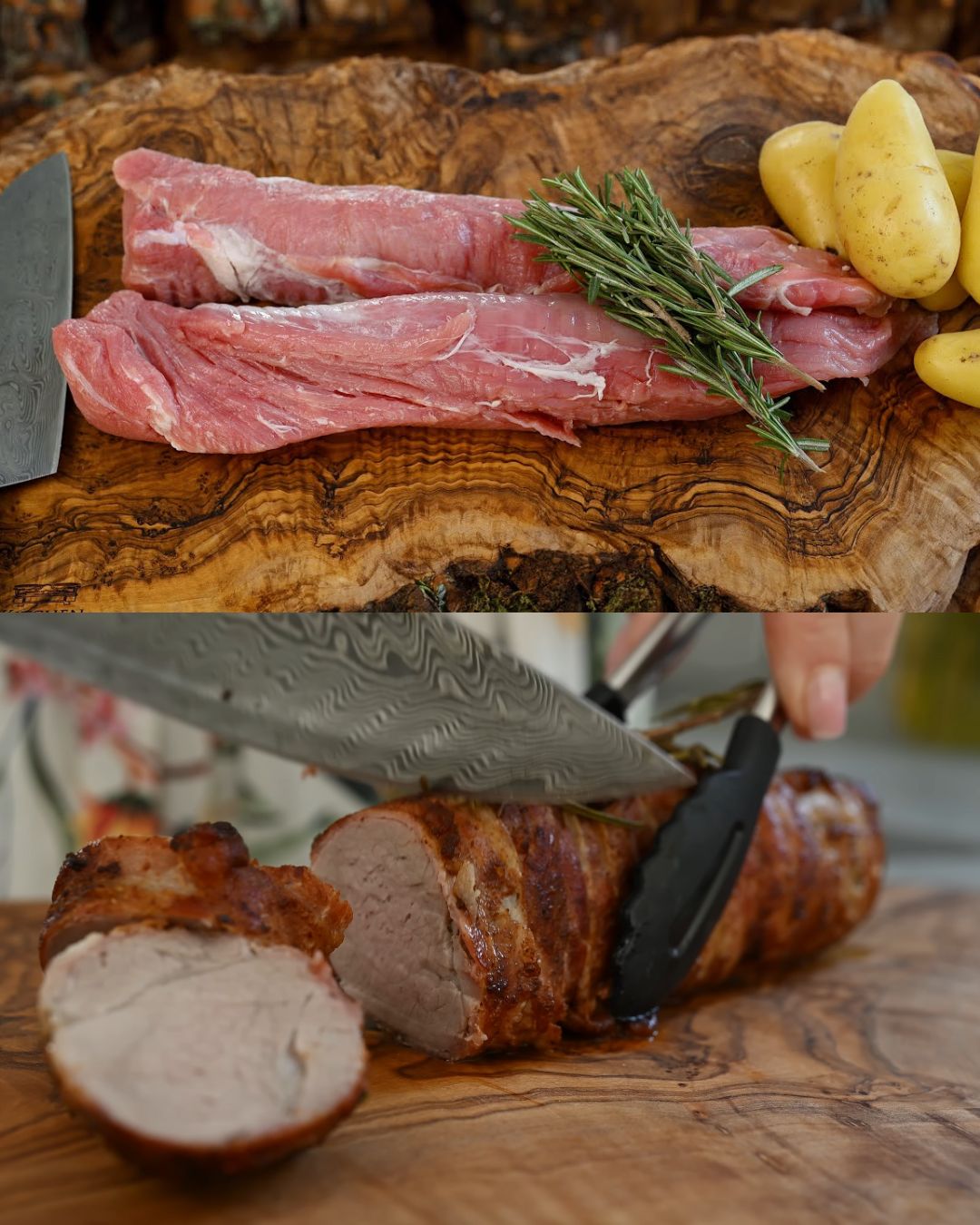 Bacon-Wrapped Pork Fillet with Apple Mustard Sauce and Rosemary Potatoes