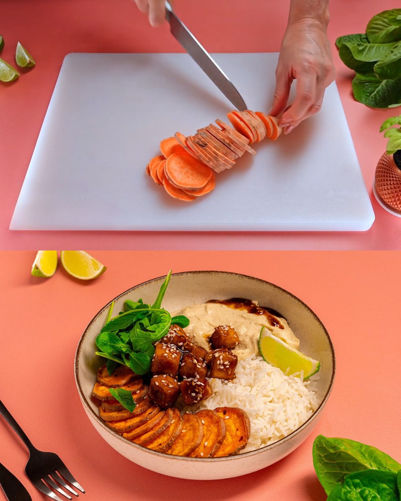Sweet and Sour Tofu with Roasted Sweet Potato and Rice