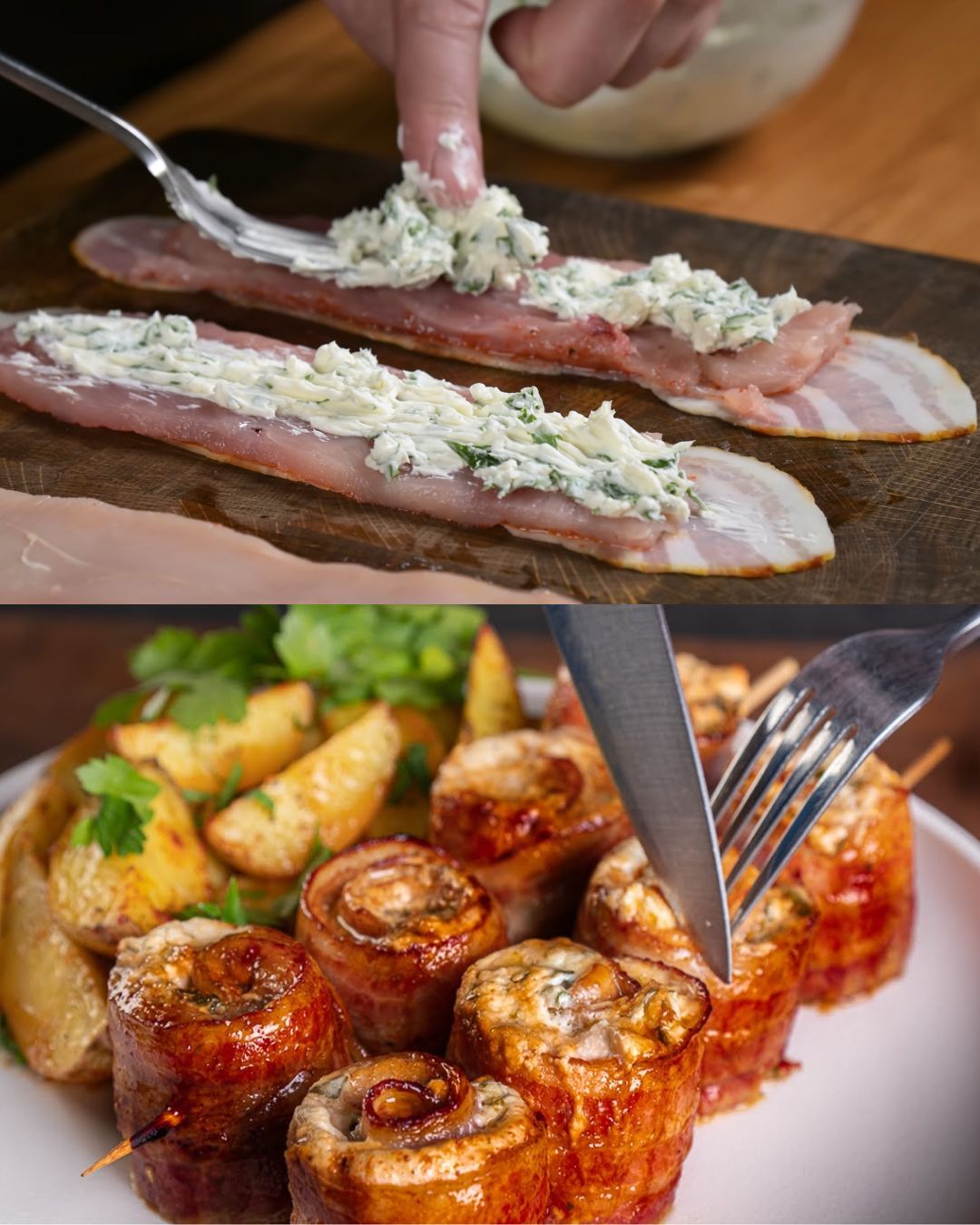 Festive Stuffed Chicken Rolls with Roasted Herb Potatoes and Sweet-Sour Sauce
