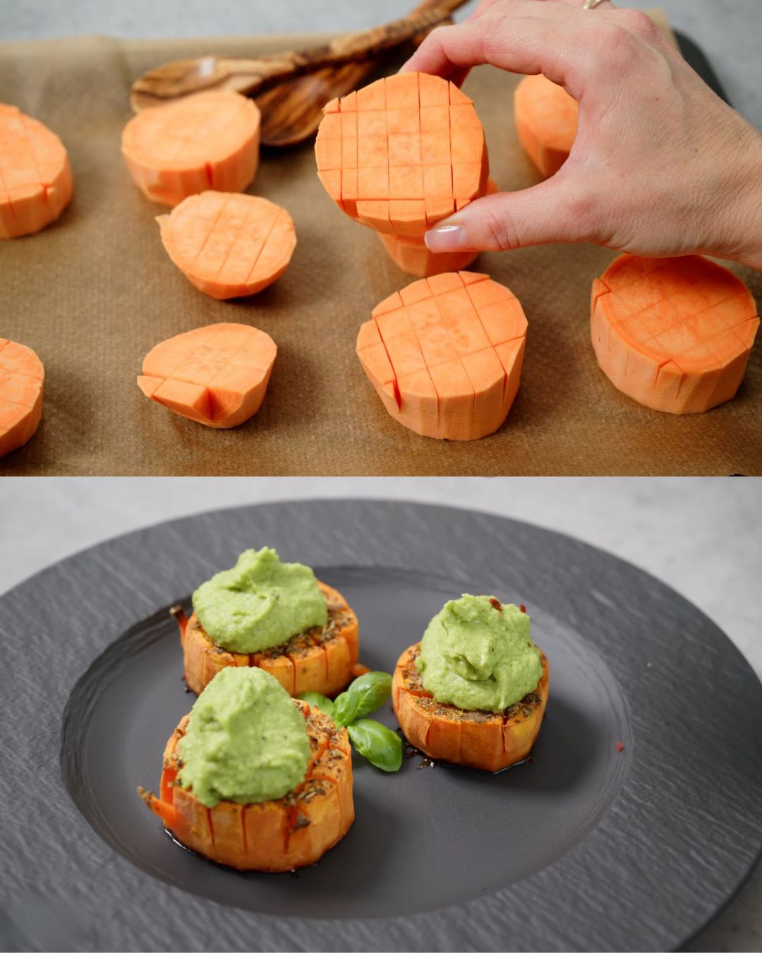 Roasted Sweet Potatoes with Chickpea-Pea Pesto