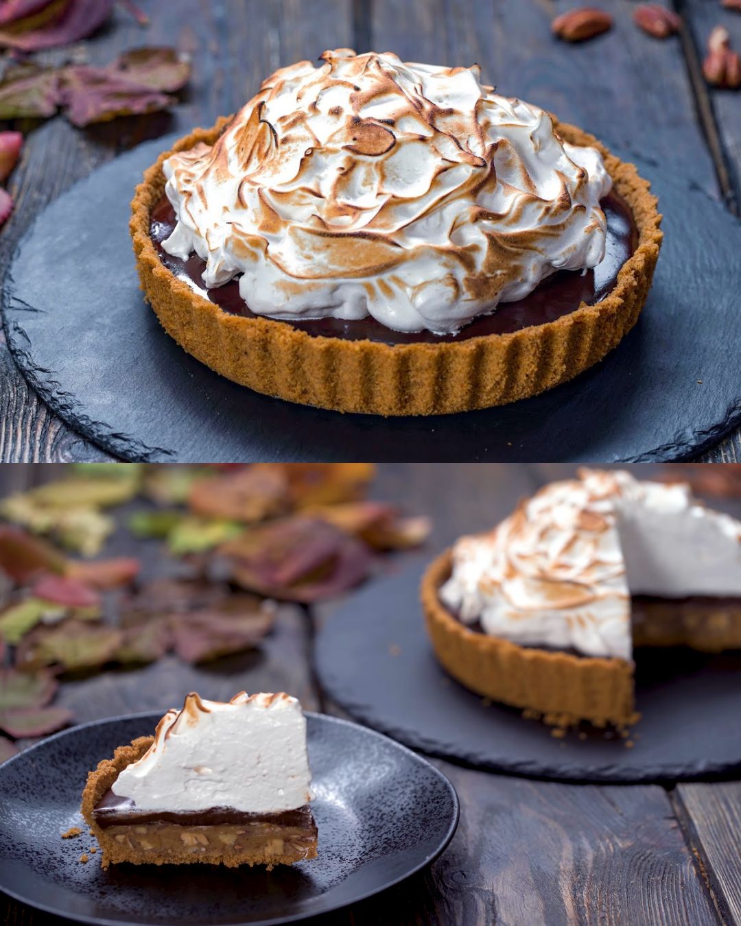 Pecan Caramel Tart with Chocolate Ganache and Meringue Topping