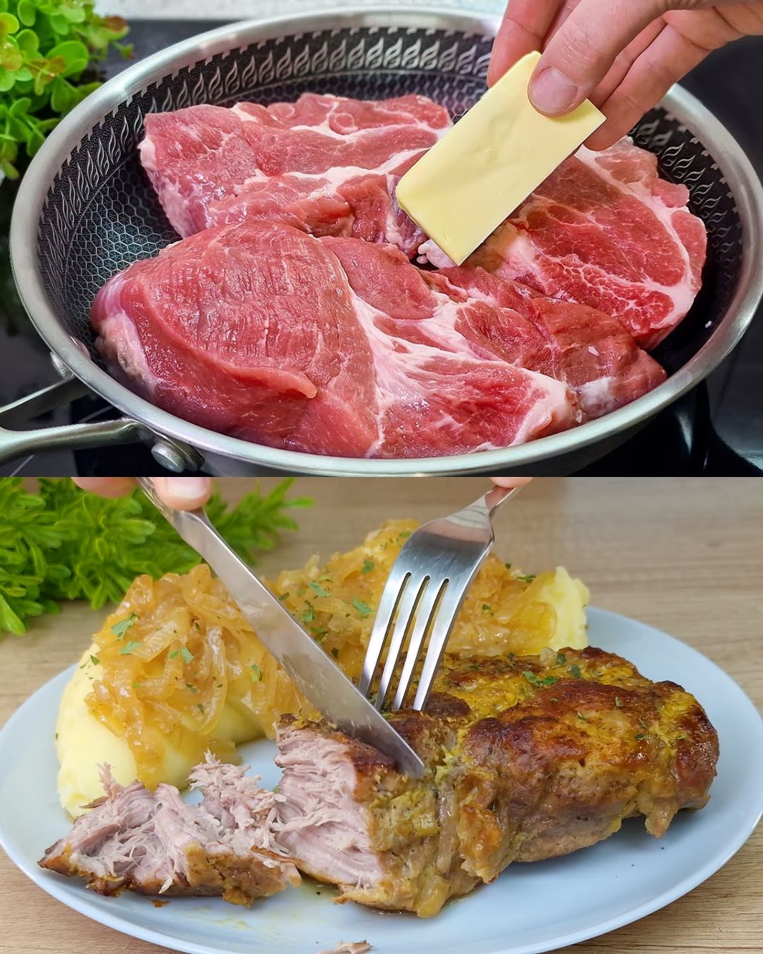 Heavenly Pork Steaks with Buttered Mashed Potatoes and Caramelized Onions